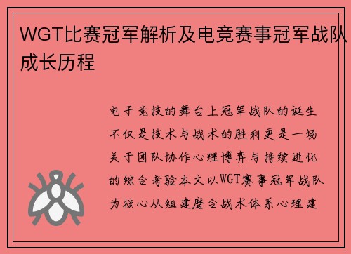 WGT比赛冠军解析及电竞赛事冠军战队成长历程