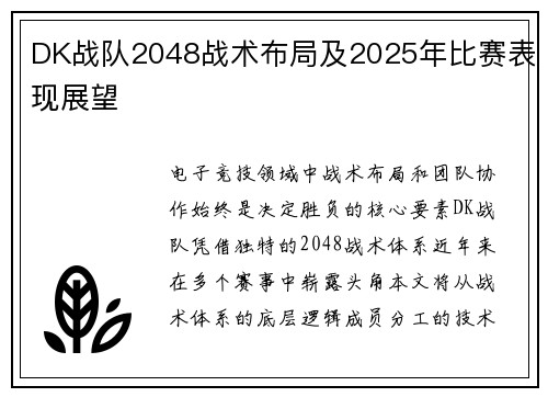 DK战队2048战术布局及2025年比赛表现展望